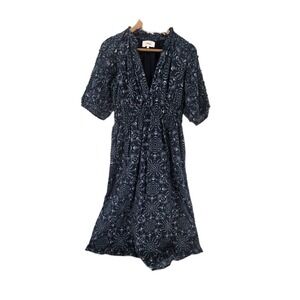 Xirena Dress Womens XS Navy Blue Geometric Print Smocked Waist Puff Sleeve Midi